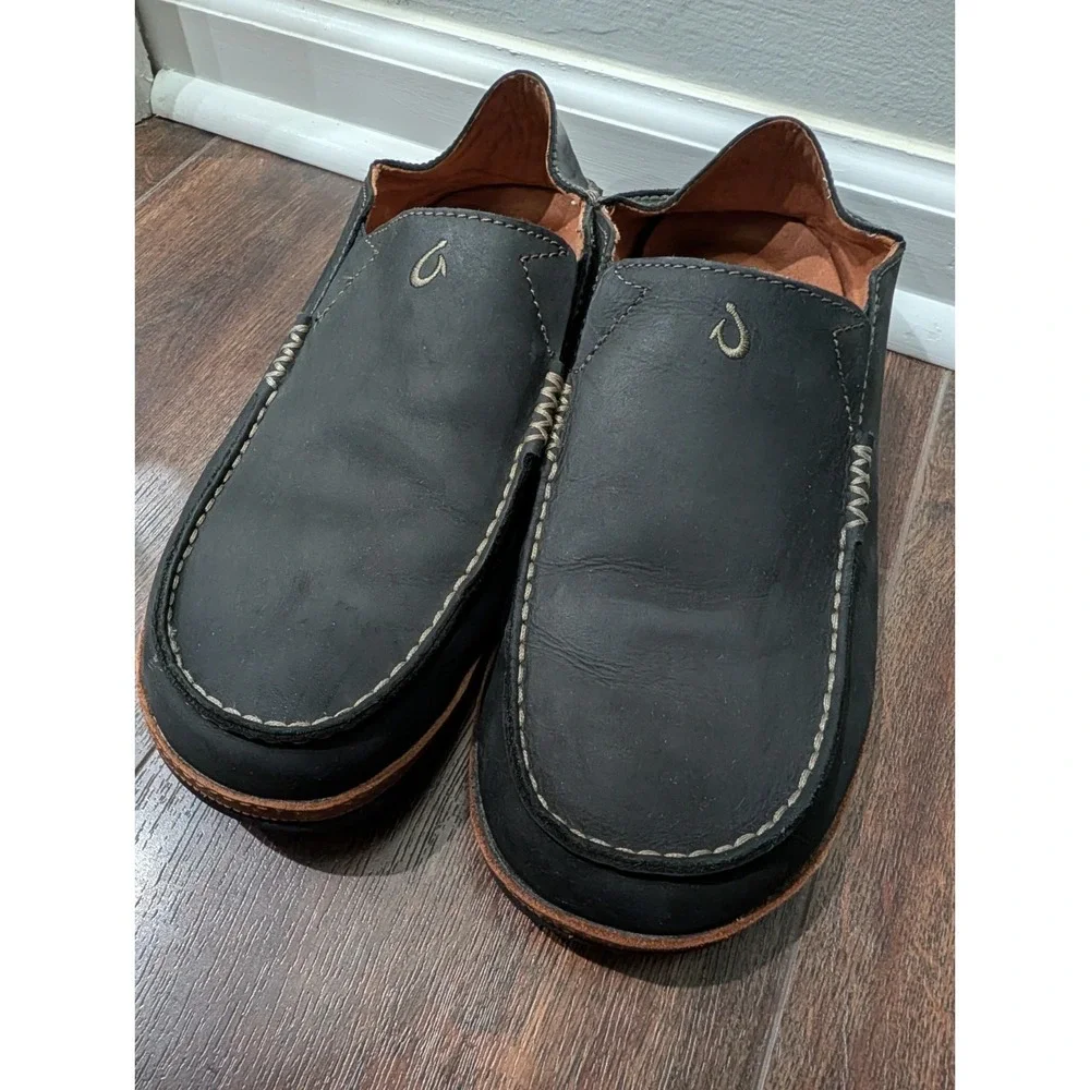 OluKai Mens Moloā Leather Slip On Shoes Black Toffee Size 11.5 Nubuck Drop Heel